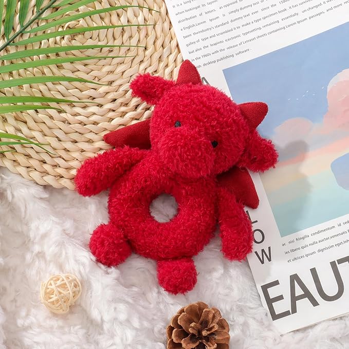 Apricot Lamb Baby Lovey Red Dragon Soft Rattle Toy, Plush Stuffed Animal for Newborn Soft Over 0 Months