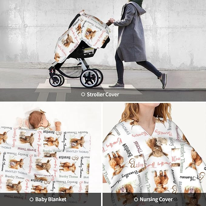 Personalized Baby Car Seat Canopy with Name Custom Minky Highland Cow Car Seat Covers Nursing Cover for Breastfeeding Multi-Use Cover Infant Carrier Carseat Winter Cover for Newborn Girls Boys