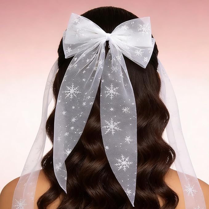 Christmas Hair Clips for Women Girls, White Snowflake Bow Hairpin Lace Bow Barrettes Xmas Alligator Clips for Holiday Parties & Weddings – Festival Hair Accessories (1 Pack)