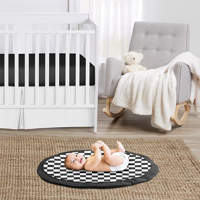 Sweet Jojo Designs Baby Play Mat (Black and White Gingham Checkered Plaid) for Boys or Girls, Infant, Toddler Tummy Time Activity Floor Playmat (Vintage, Classic, Checkerboard, Racing Flag, Geometric)