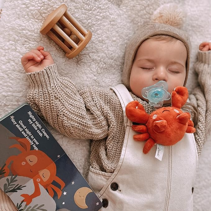 PaciBuddy Crab Pacifier Holder - Plush Toy with Detachable Pacifier & Universal Adapter, Gender Neutral Baby Gift for 0+ Months - Infant Plush Baby Toy, Versatile Baby Essentials, Binky