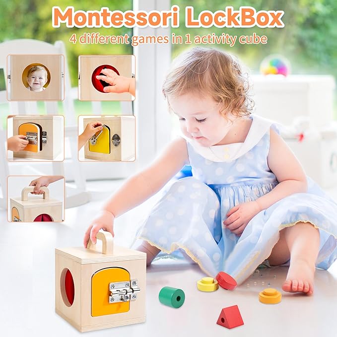 Montessori Toys for 1 2 Year Old, 9 in 1 Wooden Toddler Educational Set, Includes Lock Box, Puzzle, Color Sorting Board, Lacing Beads, Shape Sorter & Animal Figures, Gift for 19-24 Months Boy & Girl