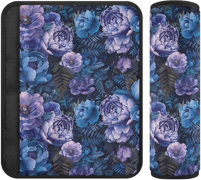 CHIFIGNO 2Pcs Dark Blue Purple Peonies Seat Belt Covers Soft Seatbelt Covers Car Seat Shoulder Protector for Adults Kids Women Men