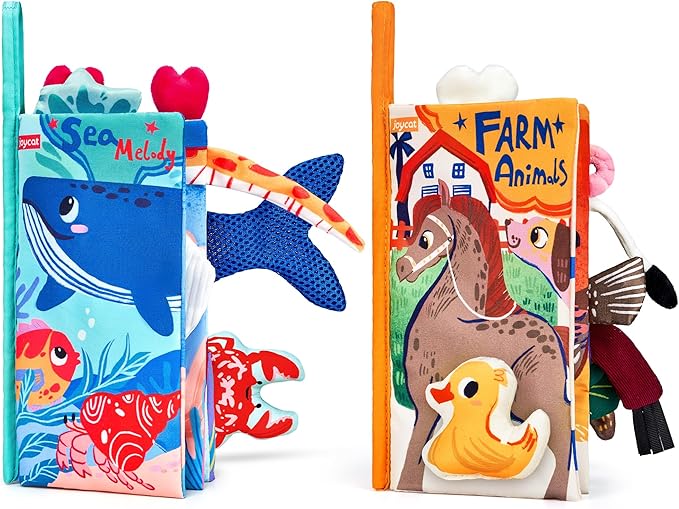 JoyCat 2-Pack Baby Cloth Books 0-6-12 Months - Farm & Ocean Infant Sensory Toys - Tummy Time Mirror & Montessori Developmental Learning -Easter Basket Stuffers Gift Set Girl Boy