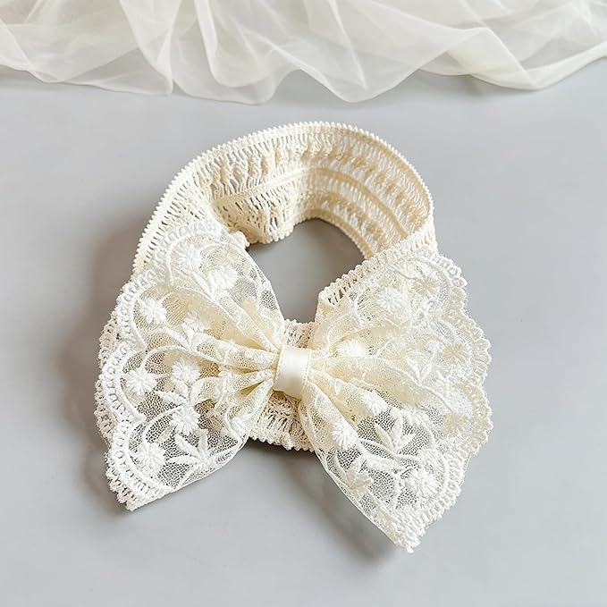 Baby Girls Bow Lace Headband Cute Soft Hairband White Butterfly Knot Headbands for Newborn Infants Toddlers Kids Christening Baptism Birthday Party Hair Accessories（Floral Bow）