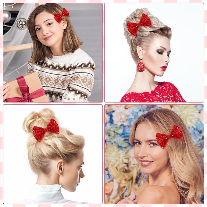 Ouligay 2 Pcs Sparkly Red Hair Bow,Sequin Christmas Bows for Girls,Christmas Hair Clips,Bows Barrettes for Toddler Girls,Red Hair Accessories for Daily Weding Thanksgiving Accessories