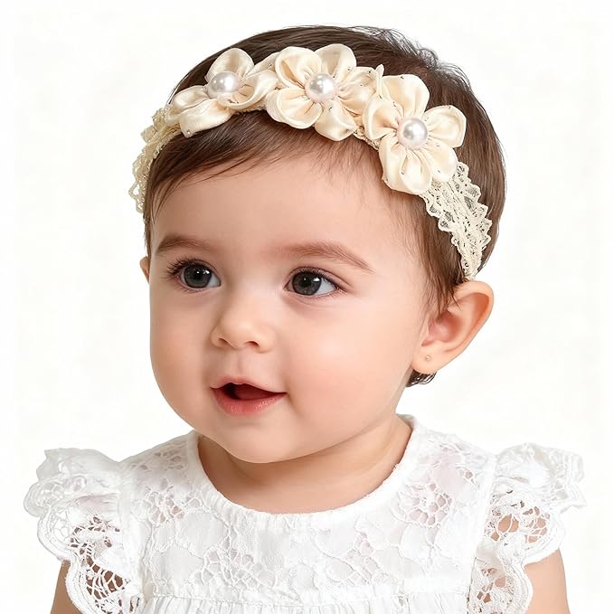 Handmade Baby Girl Headbands in Beige and Pink Lace Flowers for Newborns and Toddlers Cute Baby Girl Flowers and Newborn Headbands (Beige Pearl Flowers, One Size)
