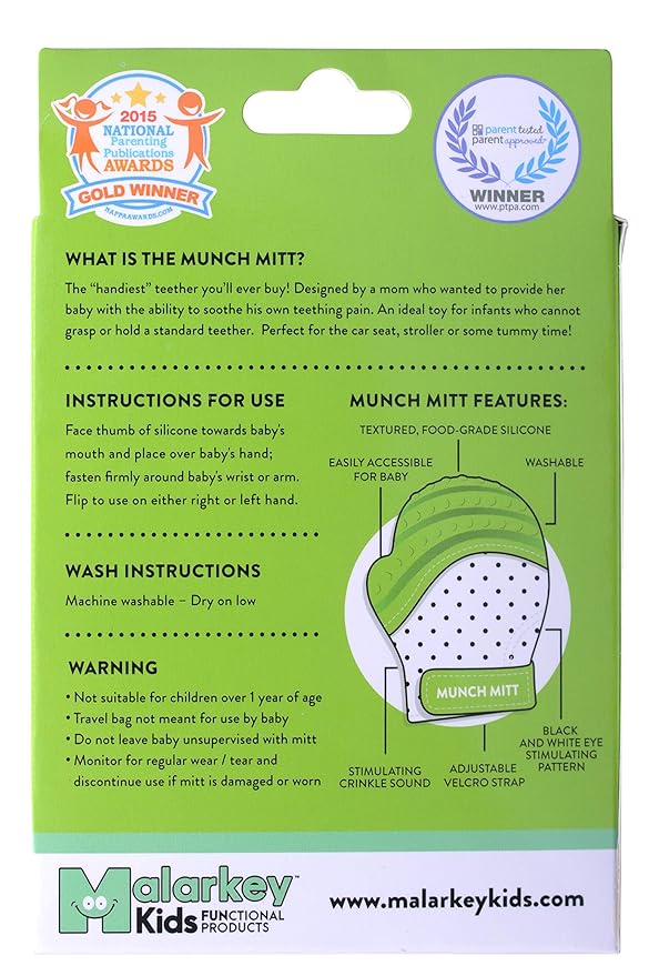 Malarkey Kids Munch Mitt Teething Mitten - The Original Mom-Invented Silicone Teether Mitten with Travel Bag – Ideal Teething Toys - Green Cactus