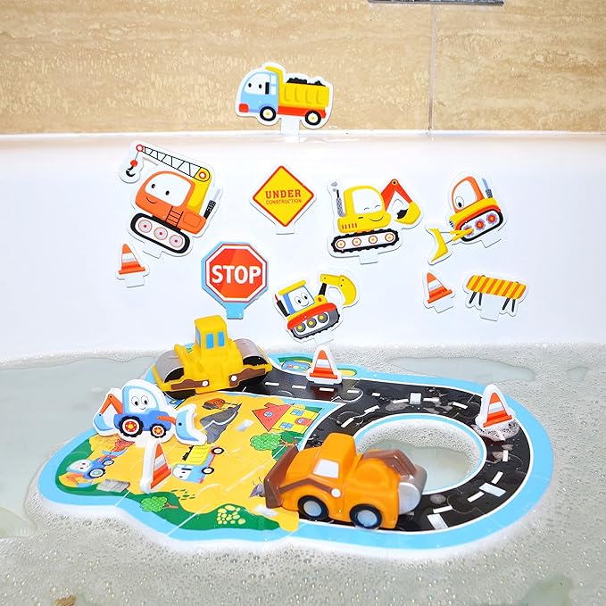 Buddy & Barney Bath Toy - Bath Time Construct & Build Activity Set for 2 3 4 5 6 7 Year Olds | 29 Pieces with Jigsaw, Digger & Bulldozer Water Squirter Toy | Handy Storage Organiser Bag Suction Cups