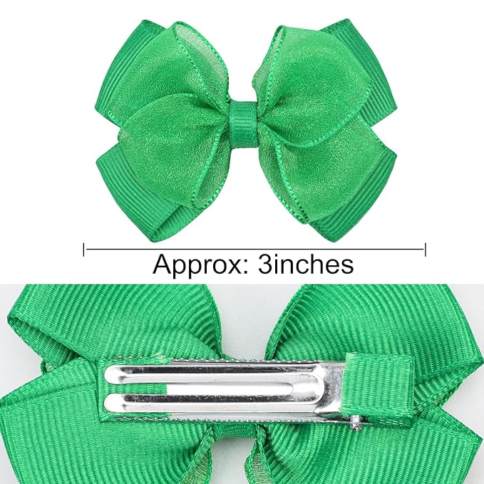 Tiny 3 Inch Organza Double Hair Bow Clips - Lined Boutique Alligator Hairpin for Baby Girls, Toddlers, and Little Teens - Kids Barrettes Set of 2 Small Stylish (Green)