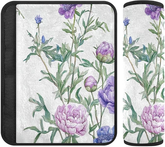 Car Seat Belt Pads 2 Pack Breathable Baby Seat Shoulder Strap Cover for Adults Child Kids M Florals Peonies Violet Peonies White