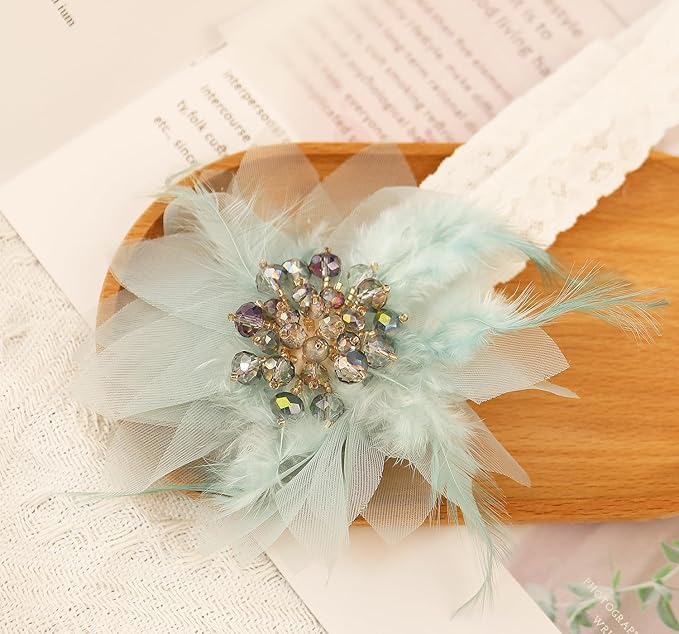 Bethynas Baby Girls Lace Feather Headband Beads Gauze Flower Elastic Toddler Hairband Birthday Party Princess Hair Accessories for Newborn Infant (Green)
