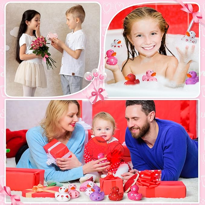 Jerify 96 Pcs 2 Inch Valentine's Day Rubber Duckies Bulk Mini Heart Rubber Ducks for Kids Bathtub Toys Classroom Prizes Birthday Wedding Party Favors Gifts Goodie Bag Fillers, 6 Styles (Cute)