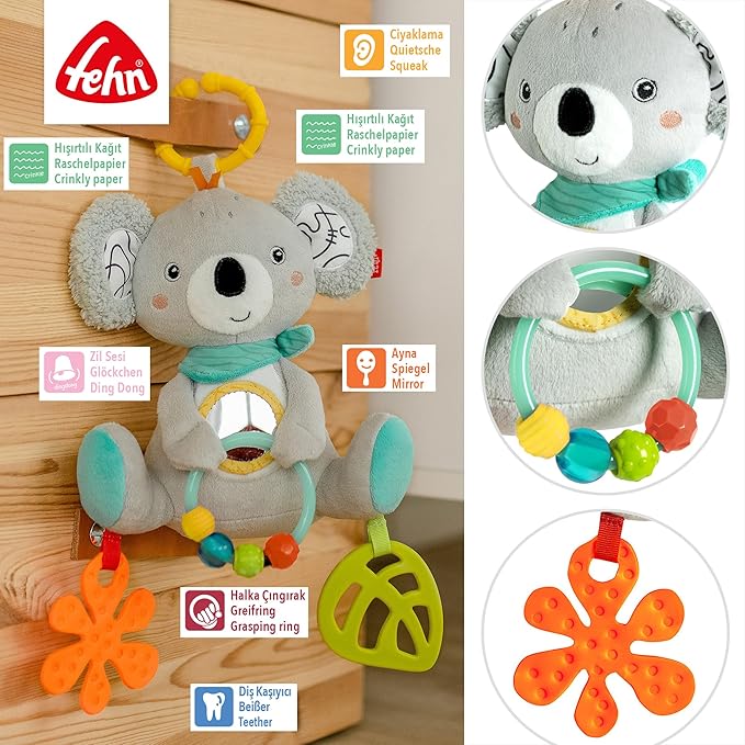 Fehn Activity-Koala – Baby Motorikspielzeug für Kinderwagen, Kinderbett und Babyschale – zum Beißen, Greifen und Geräusche erzeugen – Spielzeug für Babys und Kinder ab 3+ Monaten