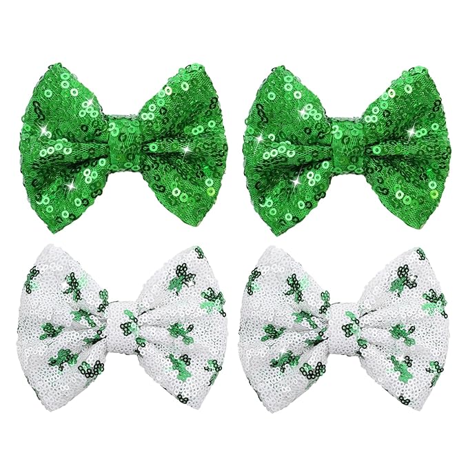 St.Patrick's Day Sequin Hair Bows for Girls Green Sparkly Alligator Clips Shamrock Glitter Hair Accessories for Little Teen Toddler Girls Kids St.Patrick Gift