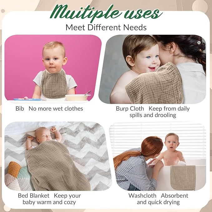 Hahafelt 6 Pcs Muslin Hooded Bath Towels Washcloths and Bibs Set, Muslin Cotton Baby Towels Absorbent Hooded Blanket Towel Infant Bibs for Boys Girls Newborn Infant Essential(Dark Green, Beige)