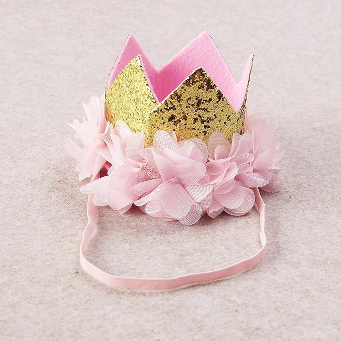Nishine Gold Glitter Crown Headband Pink Flower Crown Tiara Hairband for Baby Birthday Party Supplies Photo Props (Chiffon& 1)