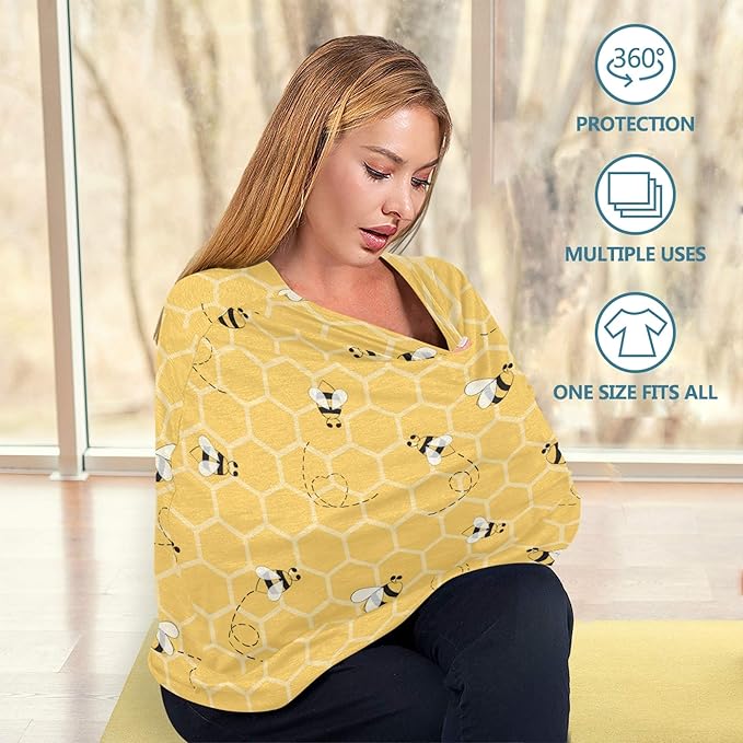Cute Bee On Honey Yellow Honeycomb Pattern Stretchy Baby Car Seat Cover Infant Canopy Nursing Covers Breastfeeding Cover Breathable Windproof Winter Scarf for Boys Girls
