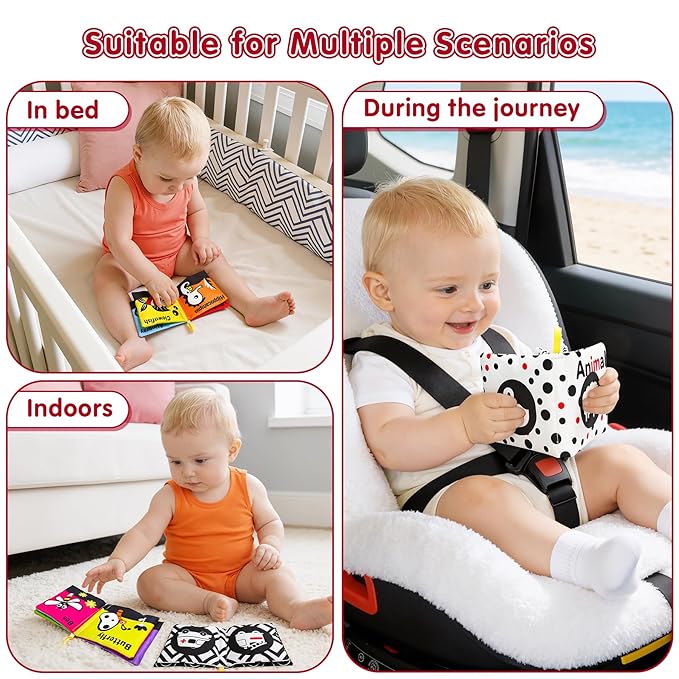 6 PCS High Contrast Black and White Crinkle Cloth Books for Infants 0-3 3-6 Months, Tummy Time Soft Book,Montessori Sensory Toys for Brain Development, Baby Educational Toys Gift for Boys Girls