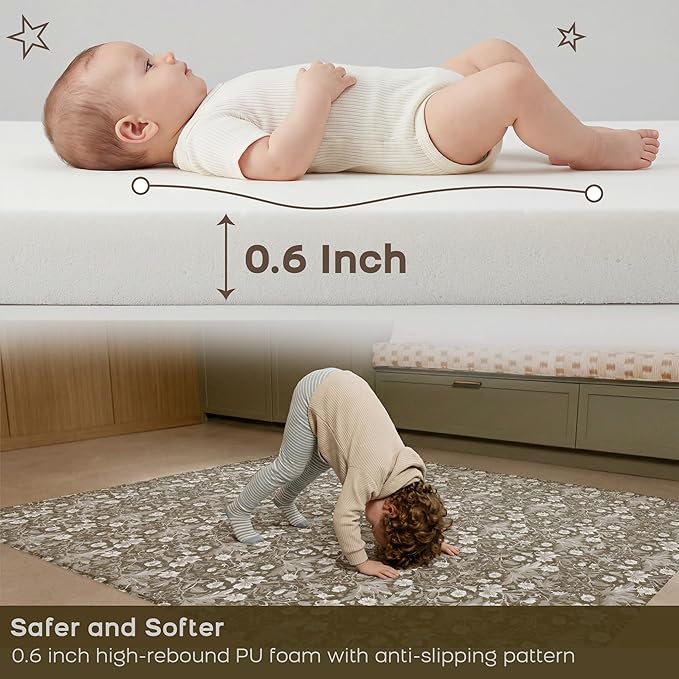 Reversible Baby Play Mat 78" x 55", Extra Large Foam Crawling Mat for Infants & Toddlers, Thick TPU Surface, Waterproof Floor Mat, Stylish Luxury Design for Living Room & Playroom (Floral & Beige)
