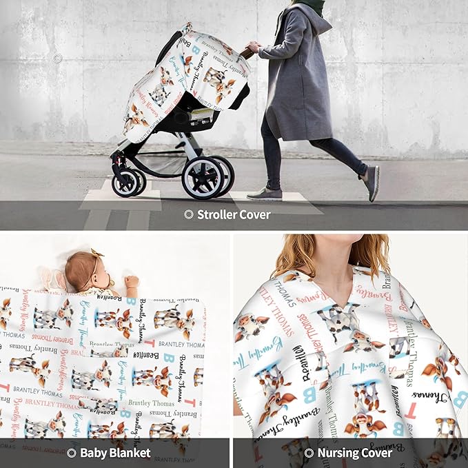 Custom Baby Car Seat Canopy Personalized Car Seat Covers with Name for Baby Boys Girls Customized Cow Nursing Breastfeeding Cover Infant Carseat Canopies Newborn Minky Baby Blanket
