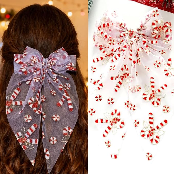 Christmas Bow Hair Clips for Women Girls, Red White Glitter Bow Hairpin, Santa Cane Alligator Clips with Long Tail, Festive Hair Accessories – Xmas Party Wedding Decorations(1 Pack)