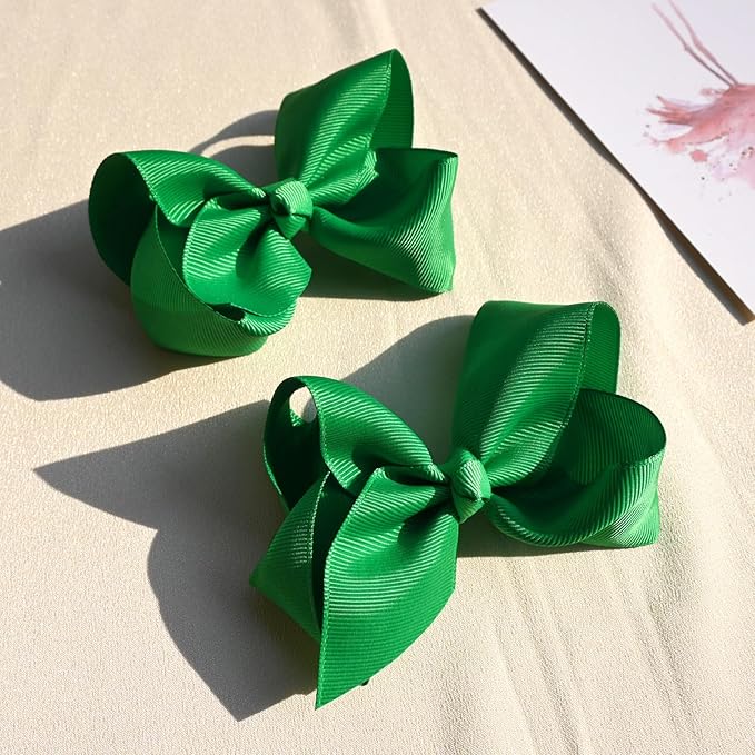 6 PCS 4.5" Solid Color Hair Bows Clips for Girls Toddler Hair Accessories - Green Grosgrain Ribbon Alligator Clips