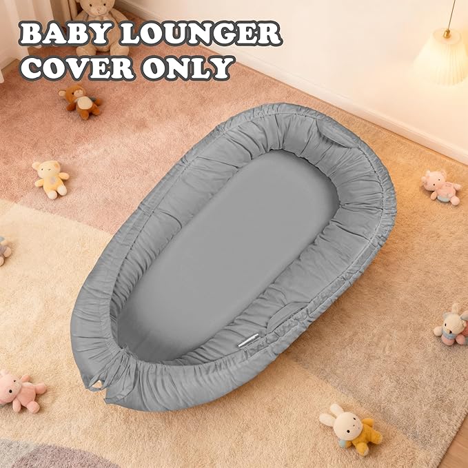 Baby Lounger Cover for Boys and Girls, Gray 100% Cotton Baby Nest Cover, Breathable Replacement Cover for Infant and Newborn Snuggle Me Lounger, Cover Only