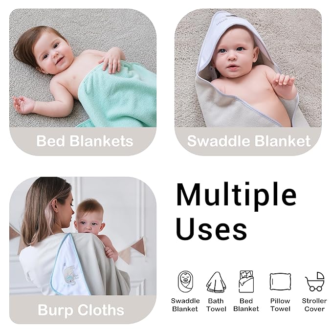 Viviland Baby Towels and Baby Wash Cloths Set Hooded Baby Towels Baby Wipes Absorbent Bath Face Towels Burp Cloths or Face Towels for Girl Boy 6-Pack Size 28 x 28 Inch(Green Bear)