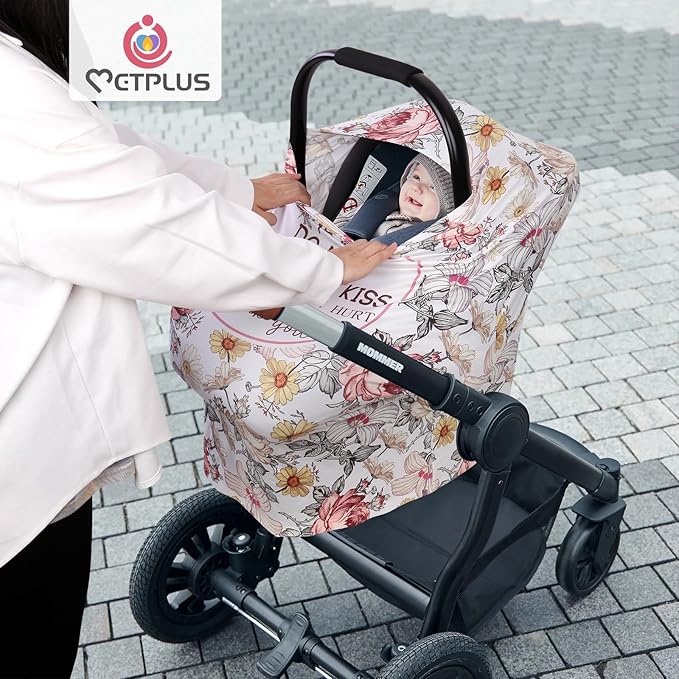 Metplus Breathable Car Seat Cover for Babies, Stretchy Nursing Cover for Breastfeeding, Multi Use Newborn Carrier/Stroller/Shopping Cart, Girl Boy Stroller Cover Gift