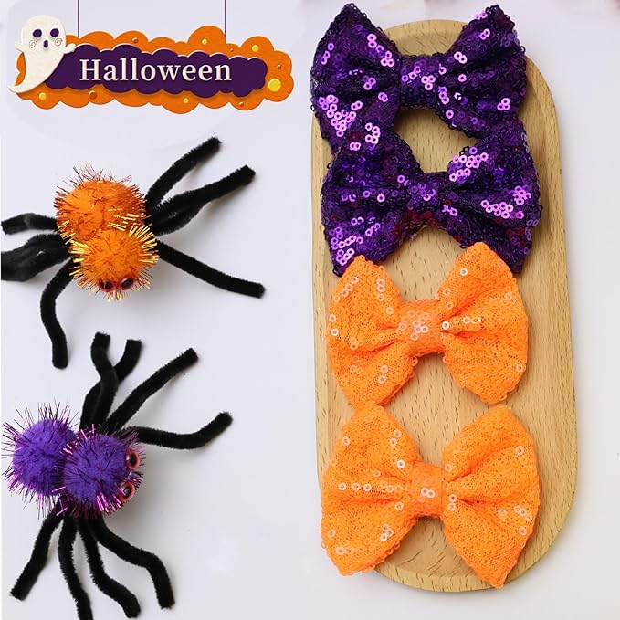 Halloween Hair Bows Clips Orange Sequins Alligator Hair Clips Bows for Girls Purple Glitter Barrettes Little Bow Hairpins Toddler Teens Sparkly Hair Accessories for Kids Teens Gift