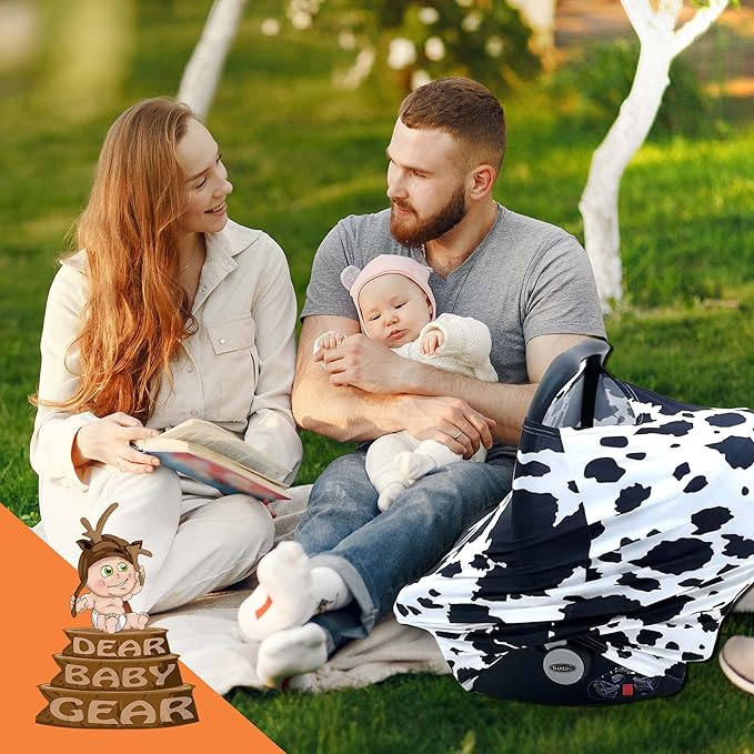 Dear Baby Gear Car Seat Cover for Boys & Girls - Baby Carseat Canopy w/Snap Opening - Infant Seat Cover - Stroller & Nursing Covers - Newborn Carrier Canopy- 28x27x0.25" (Holstein Cow Stretch Fit)