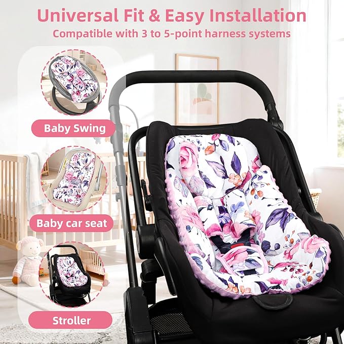 Infant Car Seat Insert with Removable Baby Head Support Pea Pod Newborn Carseat Insert Soft & Breathable Baby Car Seat Cushion, Minky Dot Backing, Universal Fit Stroller, Swing, Bouncer, Floral