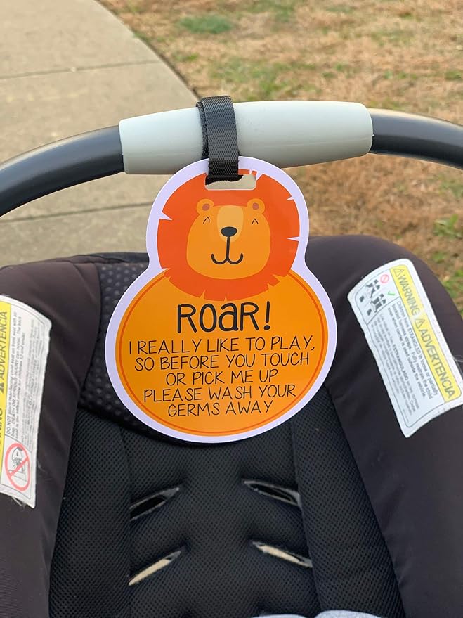 (Three Little Tots) Lion Tags TWO PACK- Baby Safety No Touching Car Seat Sign, Stroller Sign, Newborn Car Seat Tag, Baby Preemie No Touching Car Seat Sign- CPSIA Safety Tested (Lion)