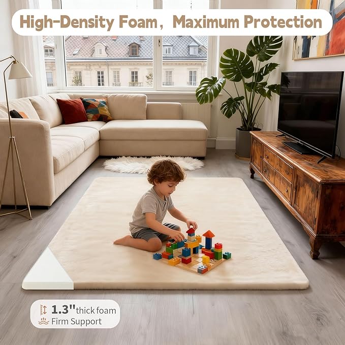 Velvet Baby Play Mat for Floor, 1.3" Thick Elasti-Foam 74"×50" Playpen Mat with Removable & Washable Velvet Cover for Toddler, Infant,Kids, Non-Slip Crawling Mat for Tummy Time (Beige)