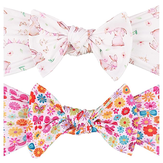 LemonSpace Handmade Bunny Print baby bows Cute Stretchy Hairbands for baby girls,Newborn,Toddler and Children(2 Print Rabbit flower) Colourful