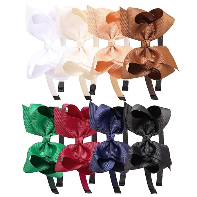8pcs/set Girls' Big Bow Headbands, Assorted Colors Grosgrain Ribbon Hair Bows Hairbands for Baby Toddlers Kids