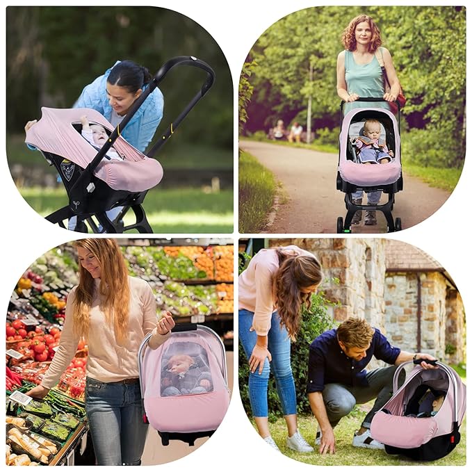 Baby Car Seat Cover, Original Carseat Covers with Adjustable Breathable Mesh Window & Pocket, Stretchy Infant Car Seat Canopy for Girls Boys, Kick-Proof Stroller Cover for Summer