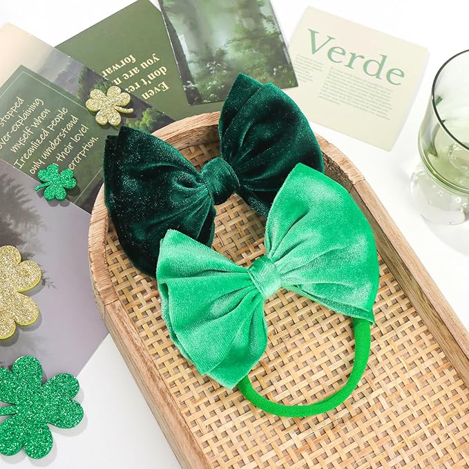YanJie St. Patrick's Baby Headbands Green Velvet Bows Shamrock Clover Hair Accessories for Newborn Infant Toddler Girls