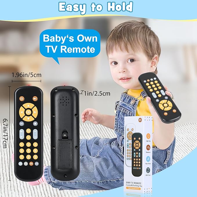 Baby TV Remote Control Toy for 6 Months+, Play Remote Musical Toys with Sound and Light, Early Development Toys with 3 Language English/French/Spanish for Toddlers 6 12 18 Month, BPA Free