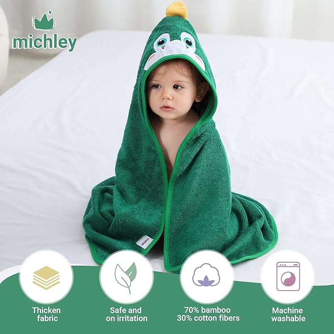 MICHLEY Bamboo Viscose Baby Hooded Bath Towel for Boys and Girls, 29.5 x 29.5 Inch Ultra-Soft and Quick-drying Infant Bath (Dinosaur)