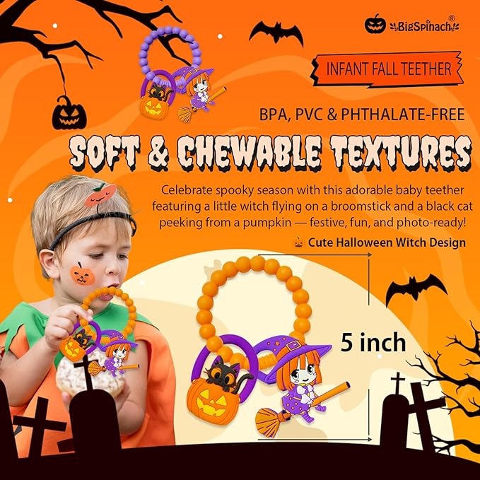 BIGSPINACH Halloween Teething Ring, Silicone Baby Teether with Witch and Cat Design, BPA-Free Infant Teething Toy, Easy to Hold,Safe for Babies and Toddlers (Colorful, Skull & Witch Hat) 2PC