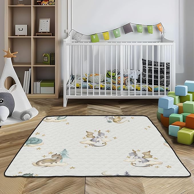 Dragon Animals Watercolor Baby Playmat Washable Playroom Crawling Mat Non-Slip Play Mats for Floor 50x50 Playpen Mat