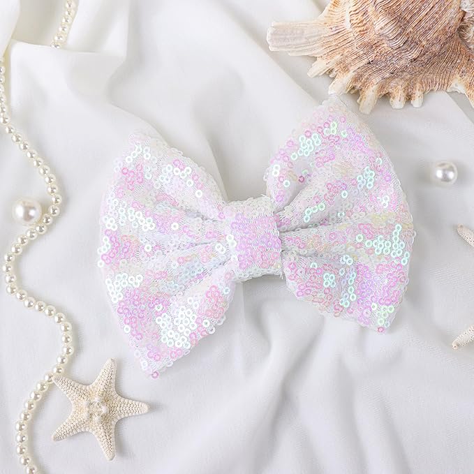 Hair Bow Clip for Girls, 5 inches Sequins Large Bow with Alligator Clip, Hair Accessories for Women Teens Babies Toddlers, White