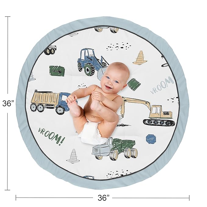 Sweet Jojo Designs Construction Truck Boy Baby Playmat Tummy Time Infant Play Mat - Grey Yellow Black Blue and Green Transportation