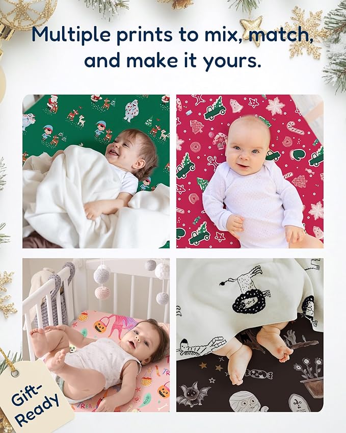 Premium Soft Christmas Crib Sheet Fitted, Super Stretchy Jersey Christmas Crib Sheets for Boys, Silky Comfort Crib Mattress Sheet 2 Pack, X-Mas Dinosaur & Christmas Deco