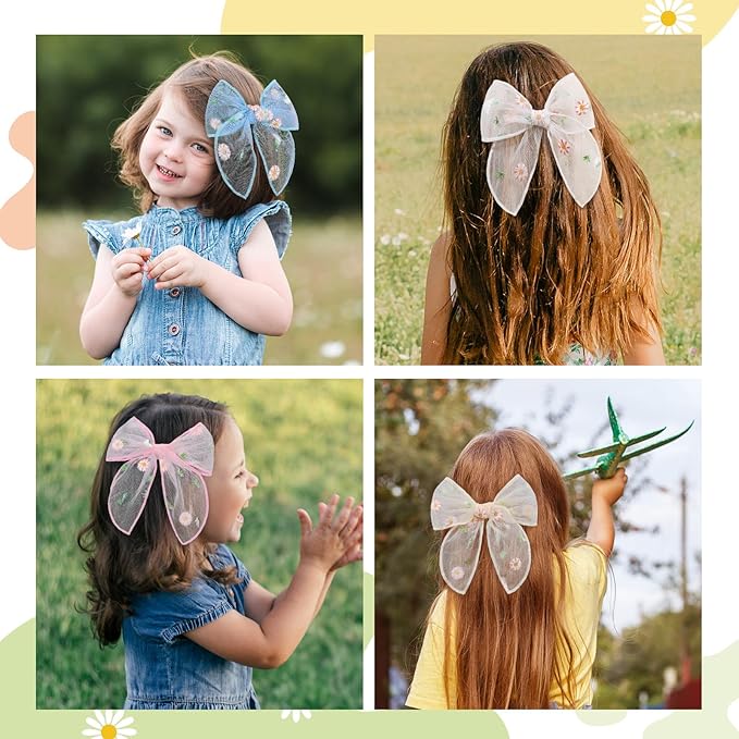 TOKUFAGU 7PCS Hair Bows for Girls, Tulle Daisy Hairs Barrettes Colorful Alligator Clips Wedding Hair Accessories for Girls Infants Toddler Teens Women Party
