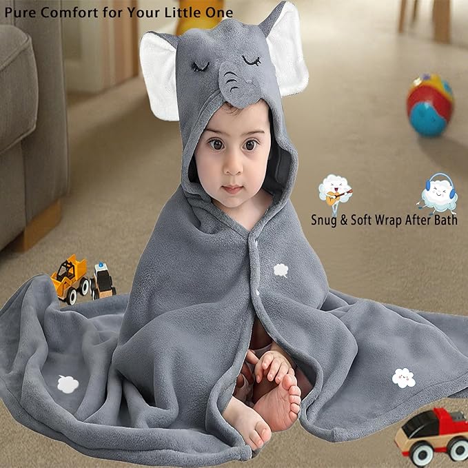 Toddler Baby Bath Towel with Hood 27.5"X55" Ultra Absorbent Soft Cozy Comfort Bathrobe Blanket, 0-6 Years Infant Shower Towel for Girls & Boys(Grey Elephant)