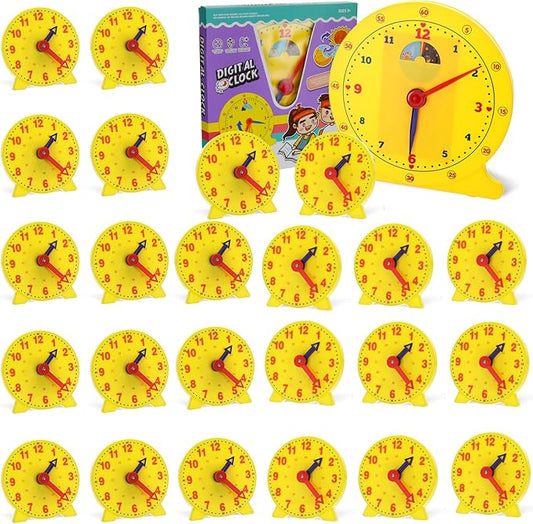 Lenwen 26 Pcs Classroom Clock Kit 24 Hours Learn to Tell Time Teaching Clock Toy for Kids Teaching Time Resources for Kids Learning Teacher Classroom Supplies (Yellow)