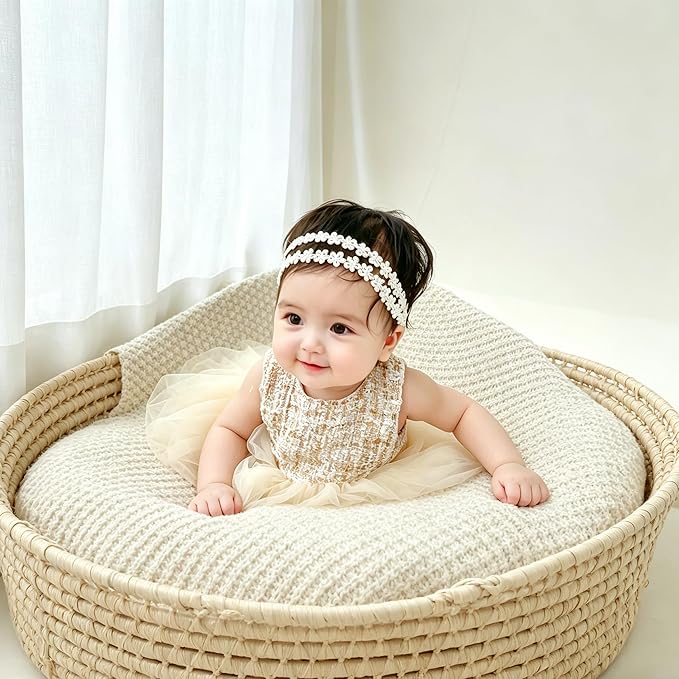 Baby Girls Hairband White Bow Lace Headbands Handmade Soft Stretchy Wide Head Band Newborn Hairbands with Bows Pearls Elastic Headband for Infant Hair Accessories（Flower Pearl）